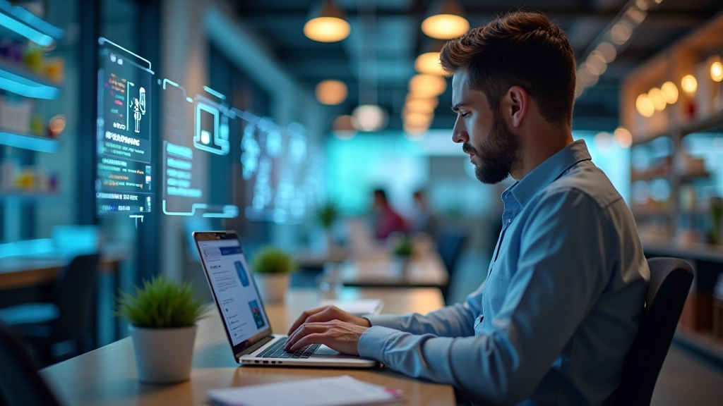 Bulut tabanlı yapay zeka teknolojisi arayüzü, modern ofis ortamında, parlak aydınlatma, netçe odaklanmış