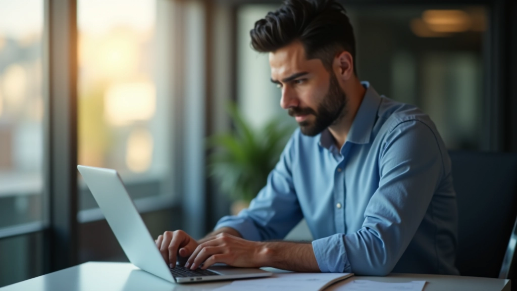 KOBİ müdürü bilgisayar başında analiz yapıyor, modern ofis ortamında verimlilik arttırma