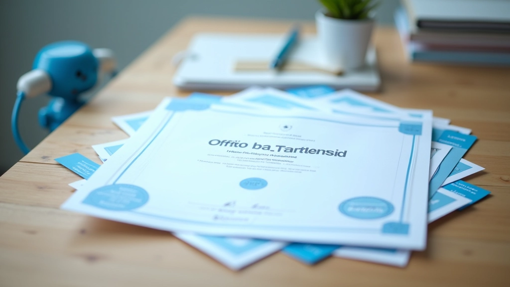 Resmi belge ve onay damgası, masa üzerinde, kurumsal ortam, mavi renk teması, temiz görünüm