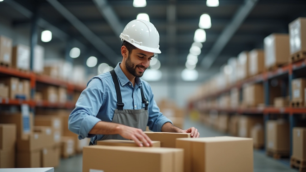 E-ticaret siparişi, paketleme hazırlığı, depo ortamında, çalışanlar el yapmalı işleri yapıyor, modern depo, aydınlatma